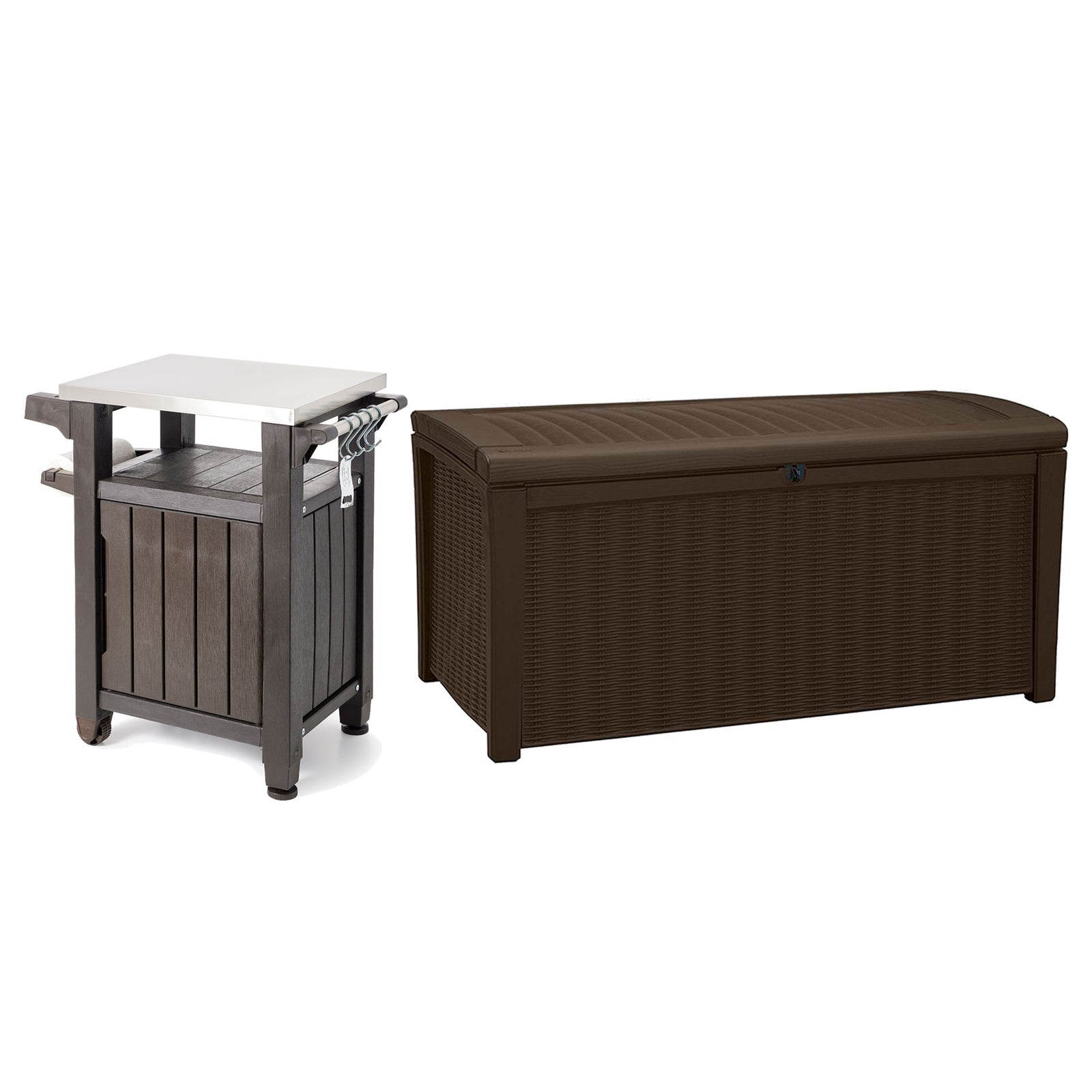 Keter Unity 40 Gal Grilling Bar Cart with Borneo 110 Gal Storage Deck Box, Brown - VMInnovations