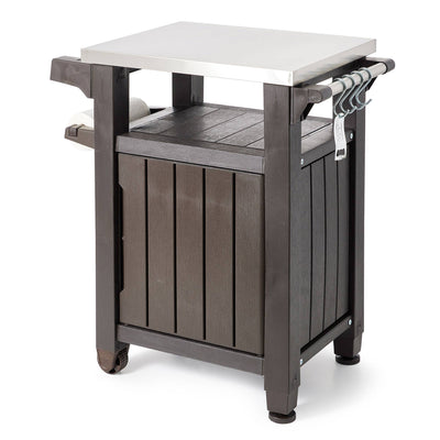 Keter Unity 40 Gal Grilling Bar Cart with Brightwood 120 Gal Storage Deck Box