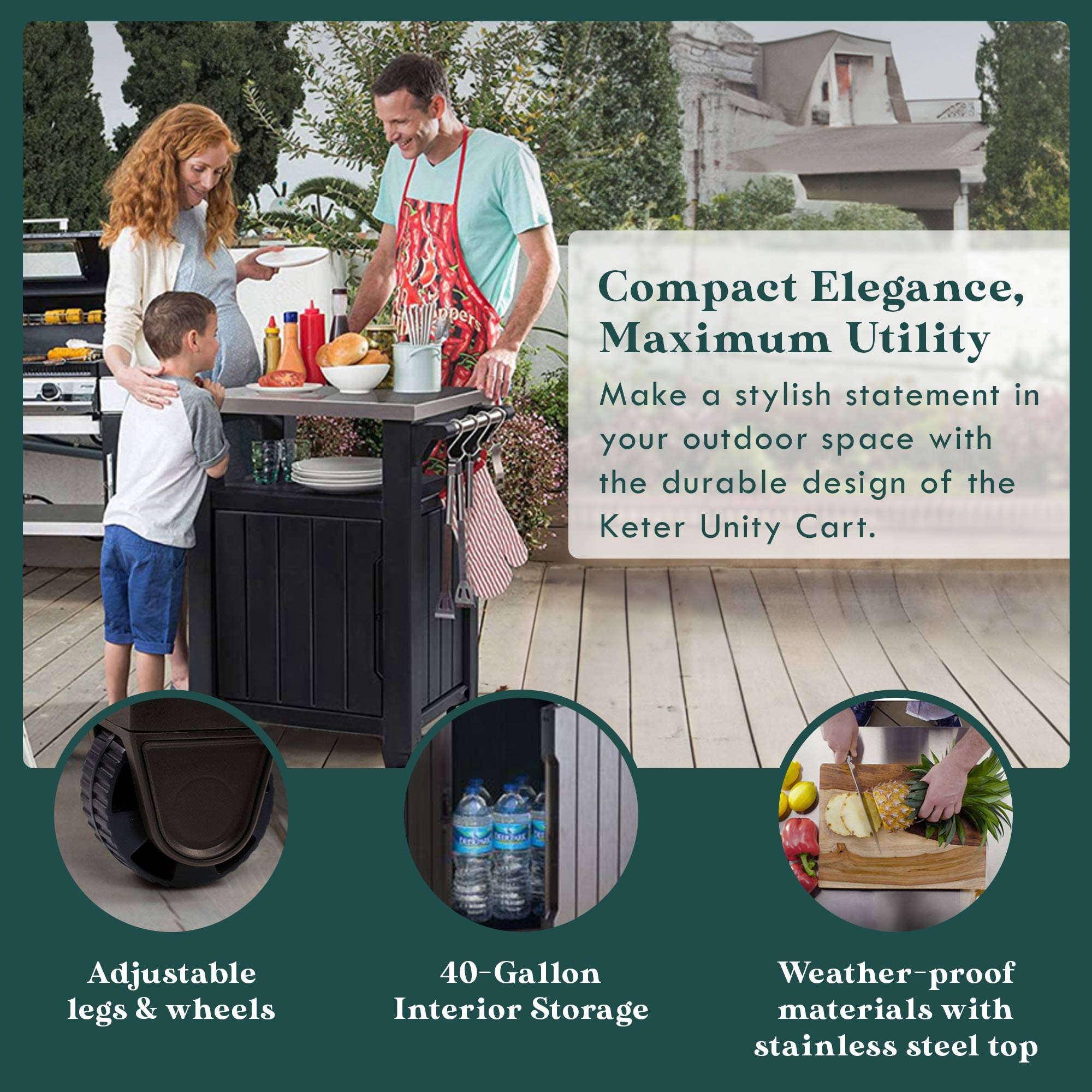 Keter Unity 40 Gal Grilling Bar Cart with Brightwood 120 Gal Storage Deck Box
