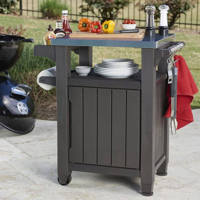 Keter Unity 40 Gal Grilling Bar Cart with Brightwood 120 Gal Storage Deck Box