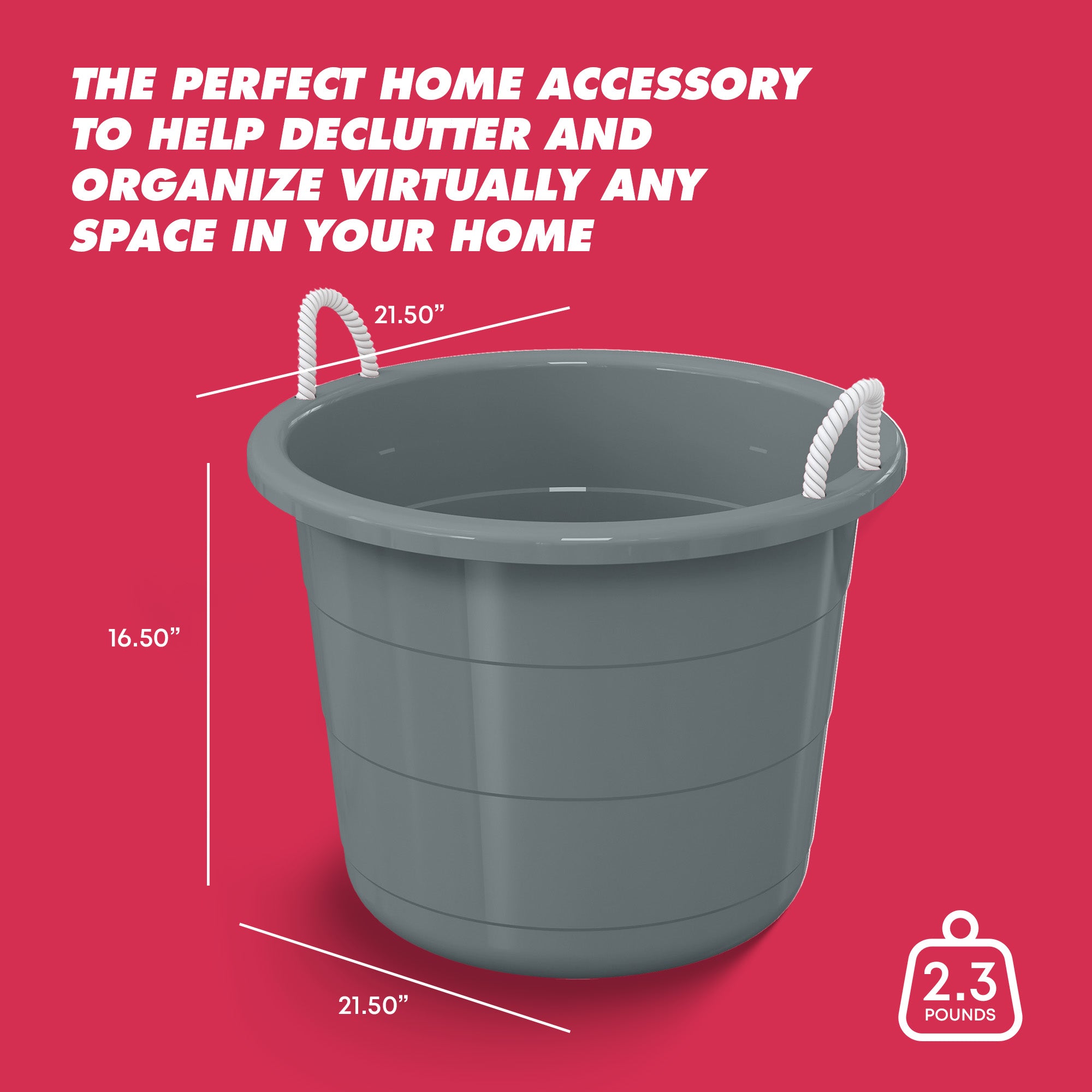 Life Story 17 Gallon Plastic Storage Open Top Bucket with Rope Handles, Gray
