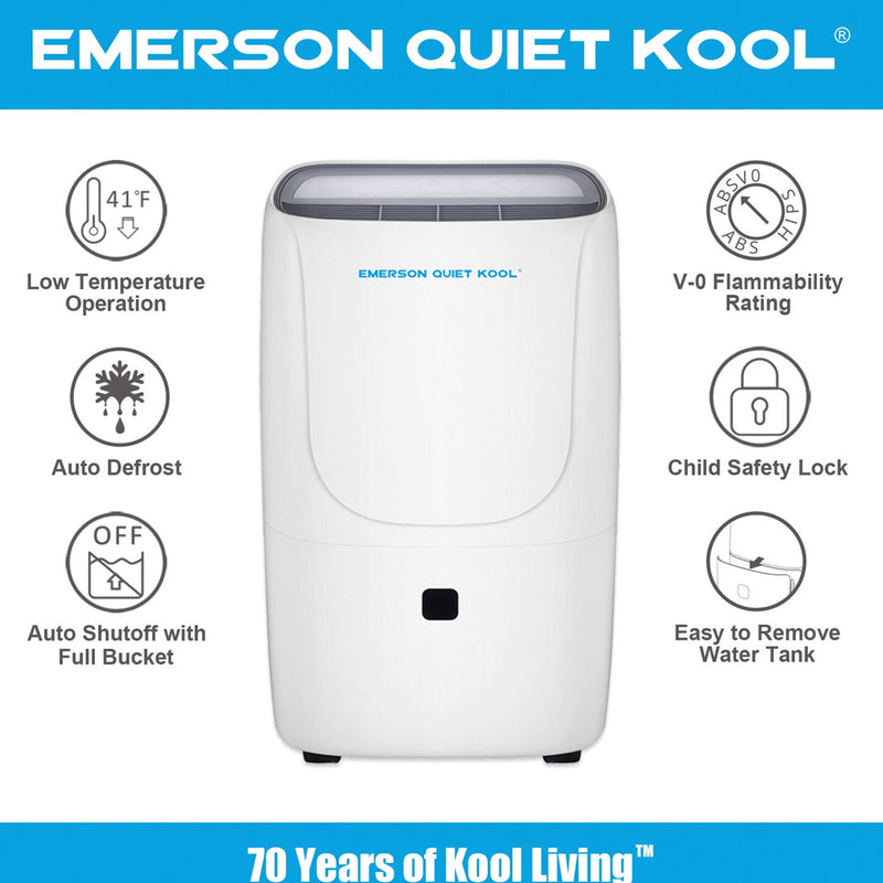 Emerson Quiet Kool 40pt Digital Display Dehumidifier w/3 Fan Speeds, White(Used)