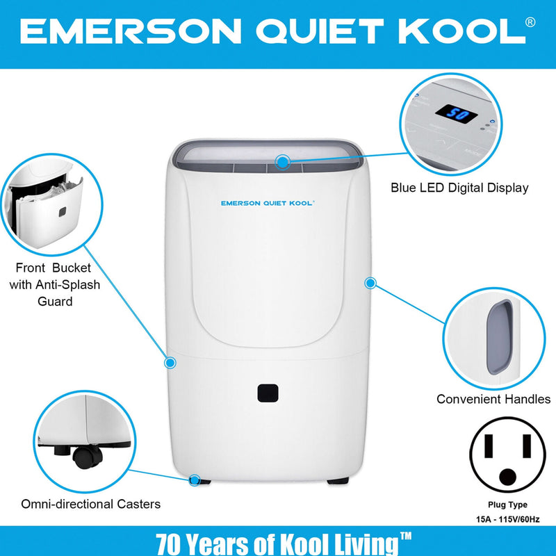 Emerson Quiet Kool 40 Pint Digital Display Dehumidifier with 3 Fan Speeds, White