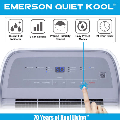 Emerson Quiet Kool 40 Pint Digital Display Dehumidifier with 3 Fan Speeds, White - VMInnovations