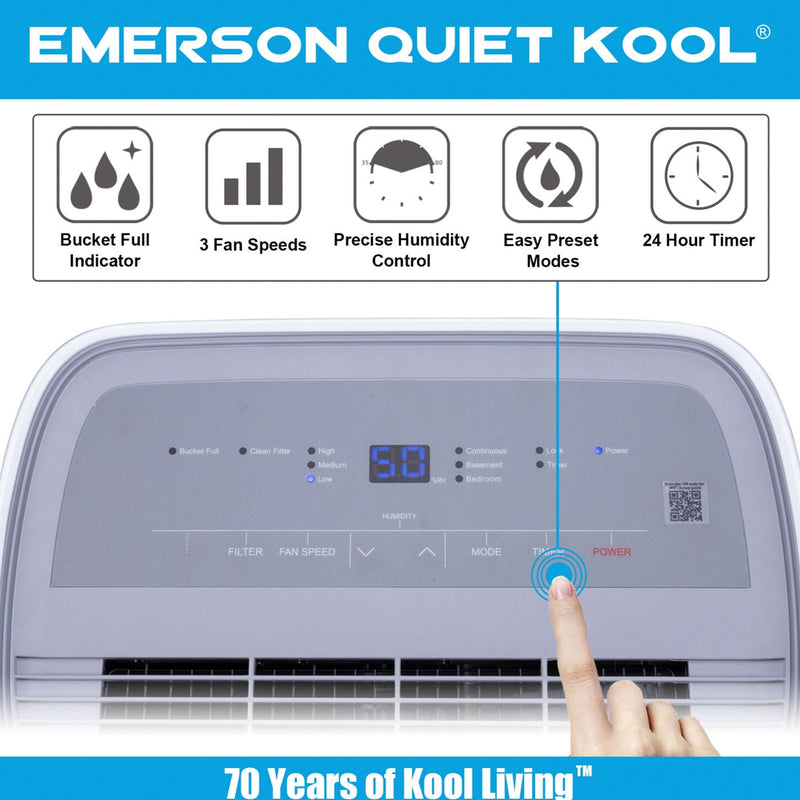 Emerson Quiet Kool 40 Pint Digital Display Dehumidifier with 3 Fan Speeds, White