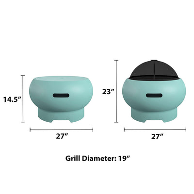 Novogratz Asher 27 Inch Wood Burning Fire Pit with Grilling Surface, Aqua Haze - VMInnovations