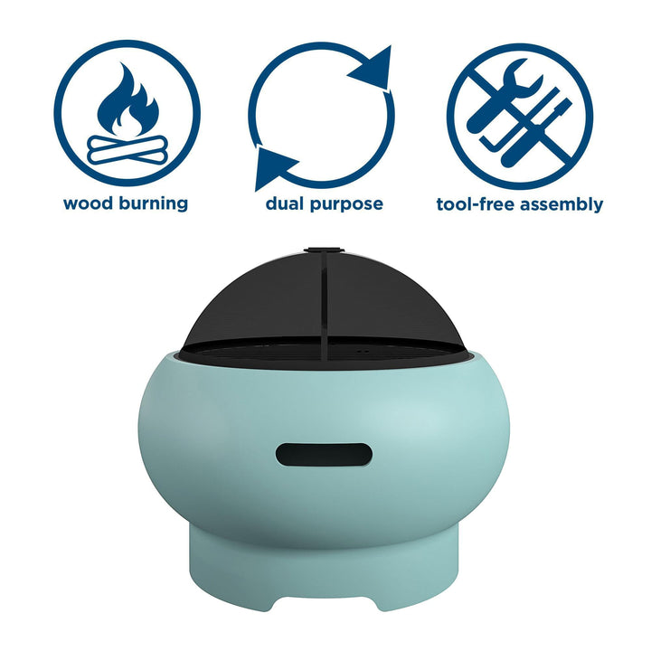 Novogratz Asher 27 Inch Wood Burning Fire Pit with Grilling Surface, Aqua Haze - VMInnovations