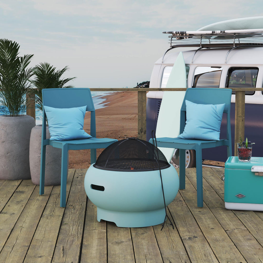 Novogratz Asher 27 Inch Wood Burning Fire Pit with Grilling Surface, Aqua Haze - VMInnovations