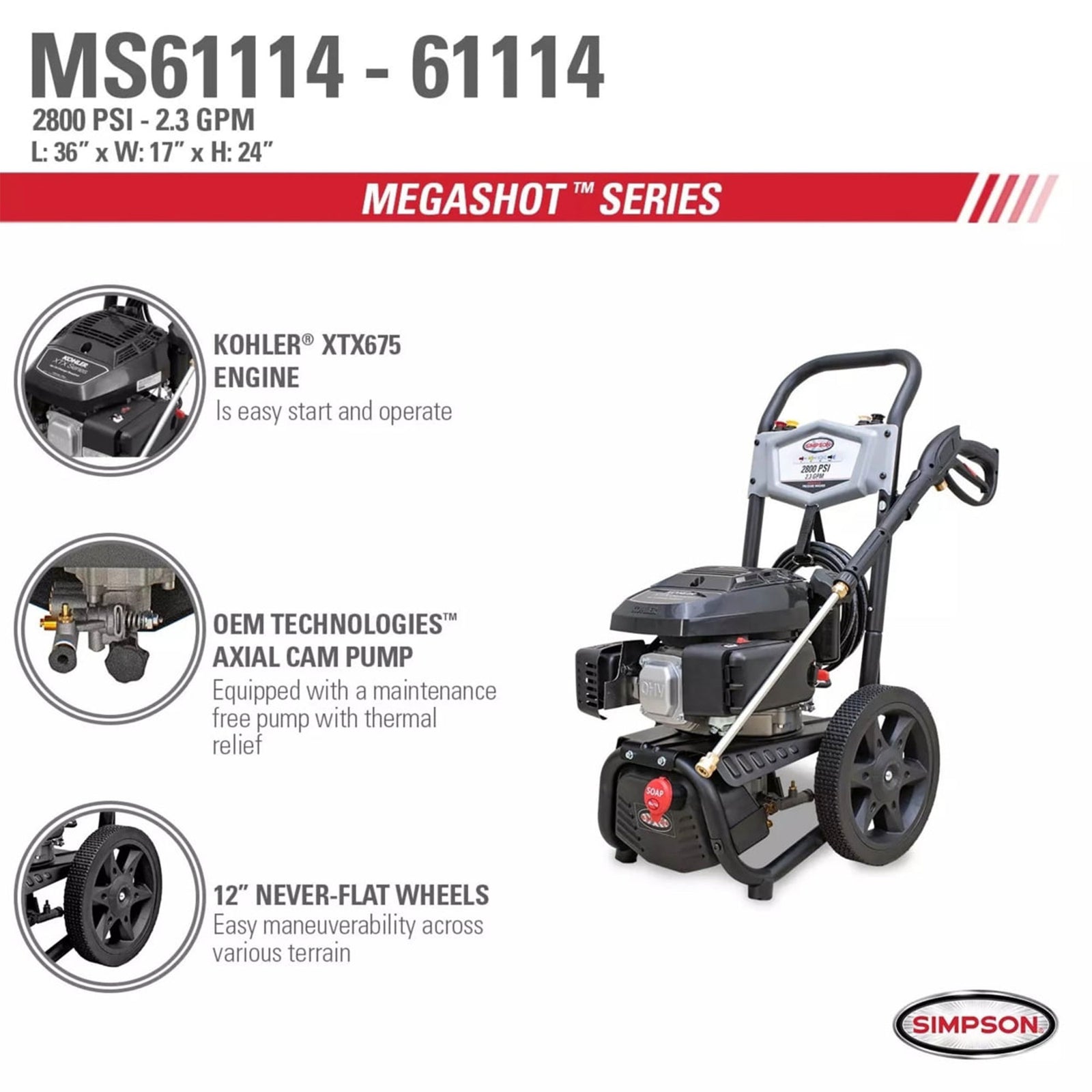 SIMPSON MegaShot Gas Pressure Washer Engine and Steel Frame, Black (Refurbished) - VMInnovations