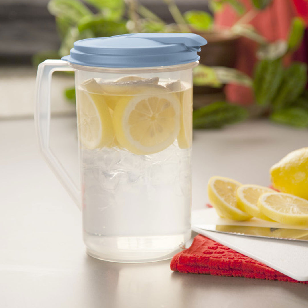 Sterilite 12 Pack 1 Gal Round Pitcher, Flip Lid Drink Dispenser Jug, Washed Blue