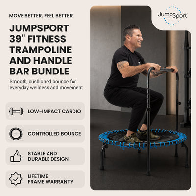 JumpSport 350 Series 39" Trampoline & Handle Bar Bundle, 30 Adjustable Bungees, Stable No-Tip Arched Legs, & 60 Day Streaming Trial