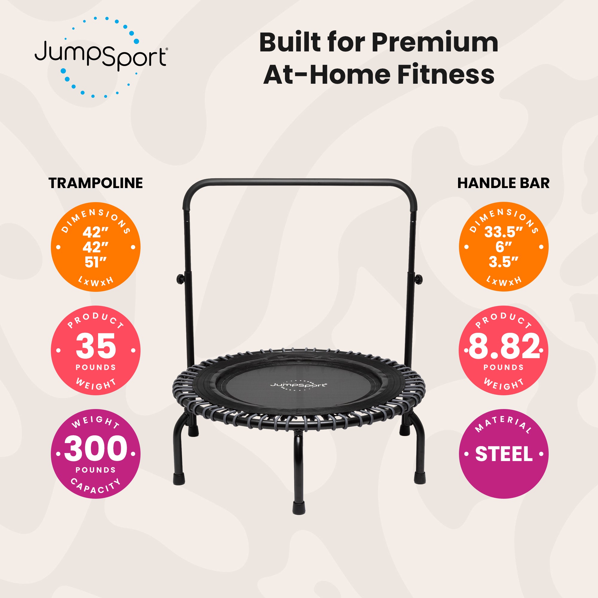 JumpSport 350 Series 39" Fitness Trampoline & Handle Bar Bundle, Adjustable Bungees, Stable No-Tip Arched Legs, & 60 Day Streaming Trial - VMInnovations