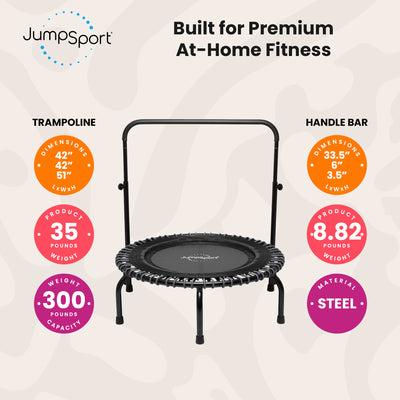 JumpSport 350 Series 39" Fitness Trampoline & Handle Bar Bundle, Adjustable Bungees, Stable No-Tip Arched Legs, & 60 Day Streaming Trial - VMInnovations