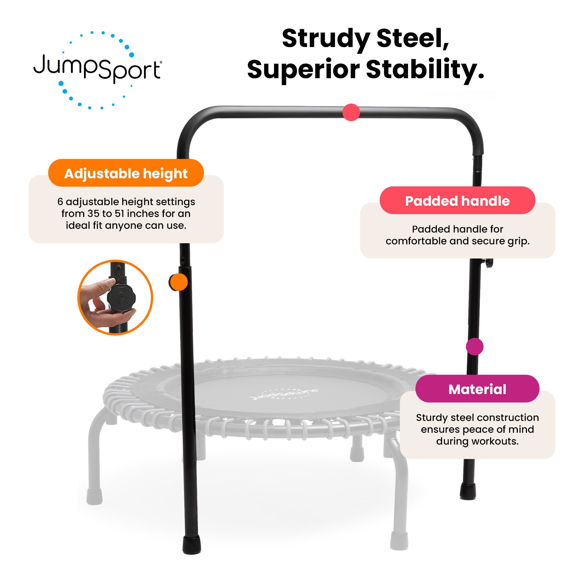 JumpSport 350 Series 39" Fitness Trampoline & Handle Bar Bundle, Adjustable Bungees, Stable No-Tip Arched Legs, & 60 Day Streaming Trial - VMInnovations