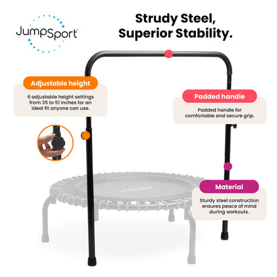 JumpSport 350 Series 39" Fitness Trampoline & Handle Bar Bundle, Adjustable Bungees, Stable No-Tip Arched Legs, & 60 Day Streaming Trial - VMInnovations