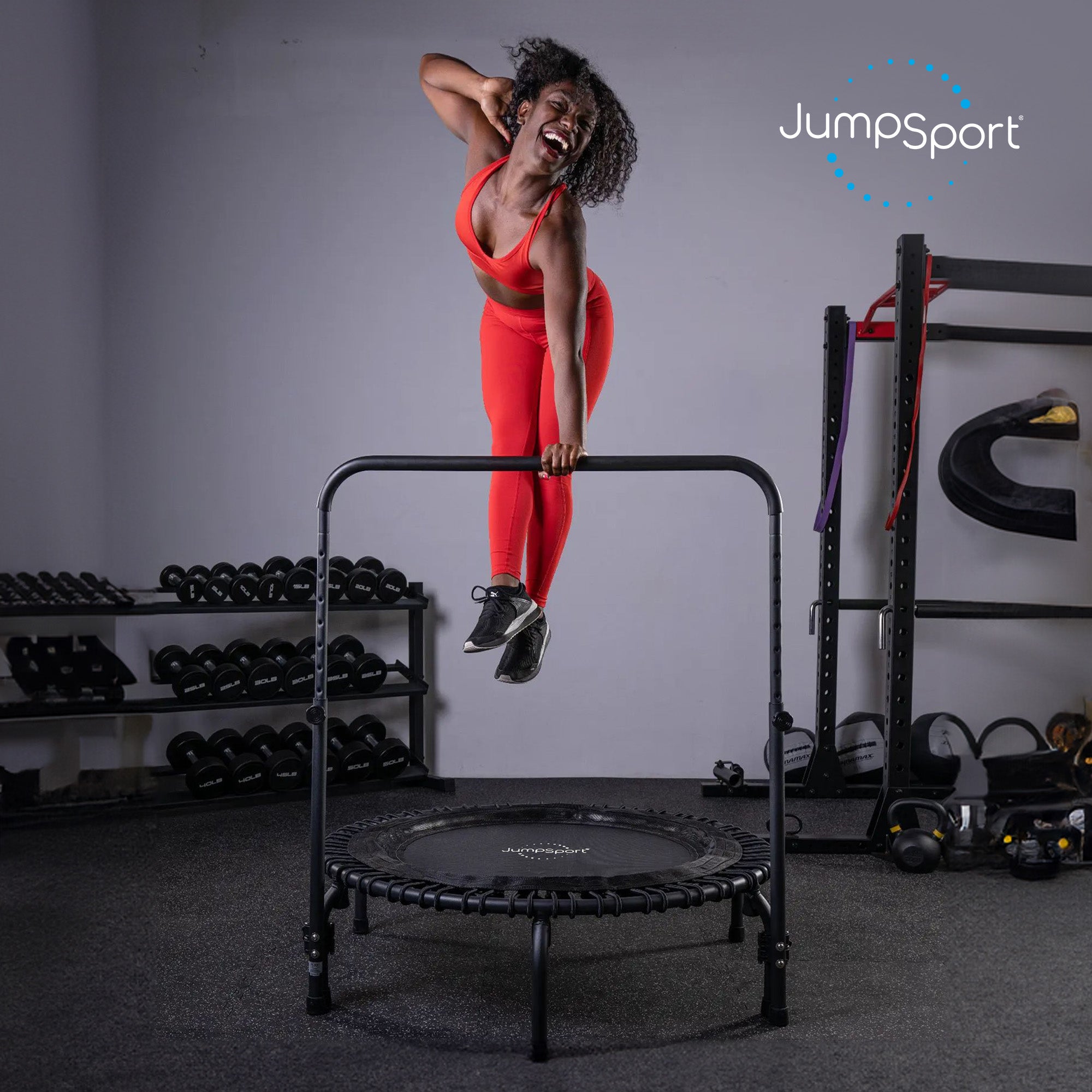 JumpSport 350 Series 39" Fitness Trampoline & Handle Bar Bundle, Adjustable Bungees, Stable No-Tip Arched Legs, & 60 Day Streaming Trial - VMInnovations