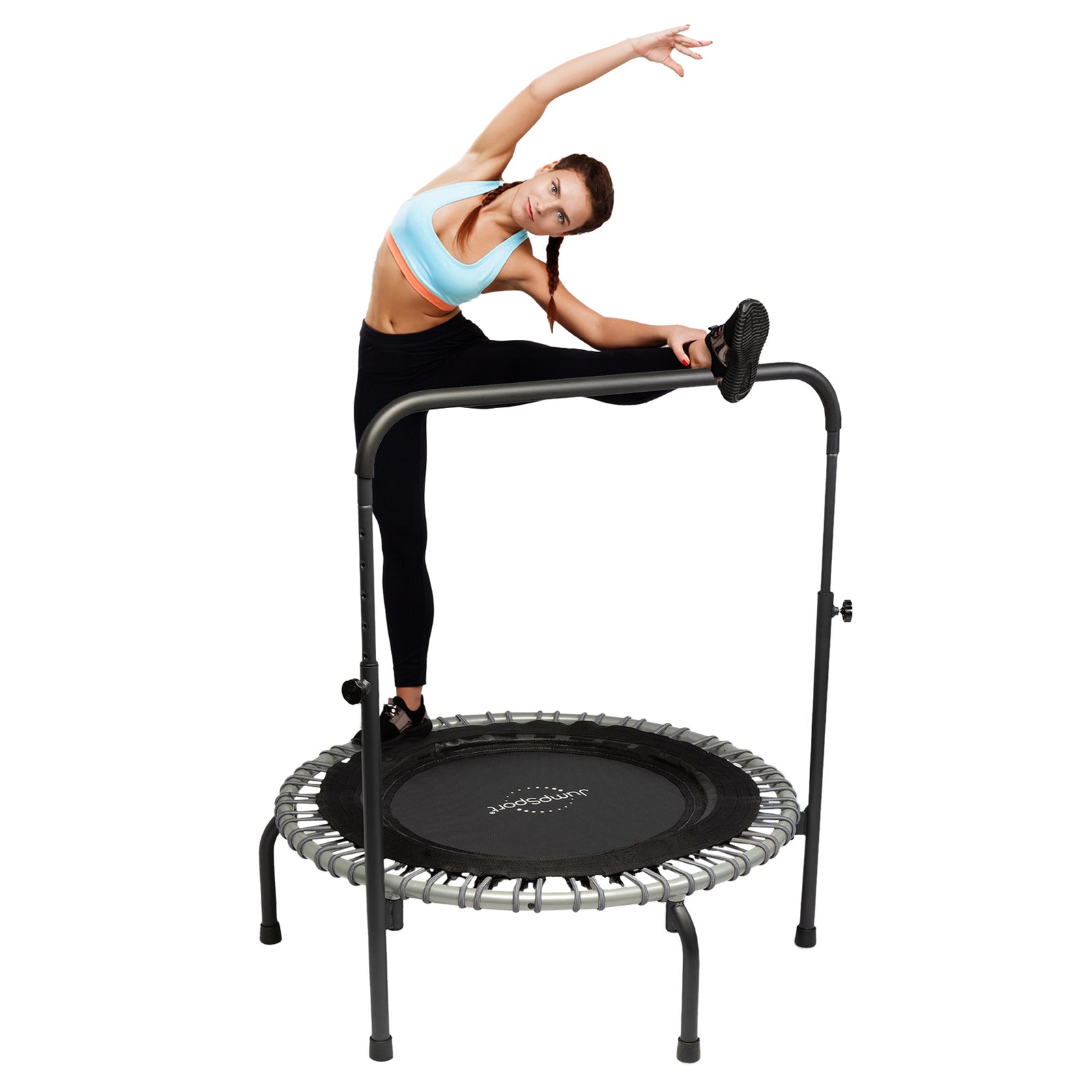 JumpSport 350 Series 39" Fitness Trampoline & Handle Bar Bundle, Adjustable Bungees, Stable No-Tip Arched Legs, & 60 Day Streaming Trial - VMInnovations