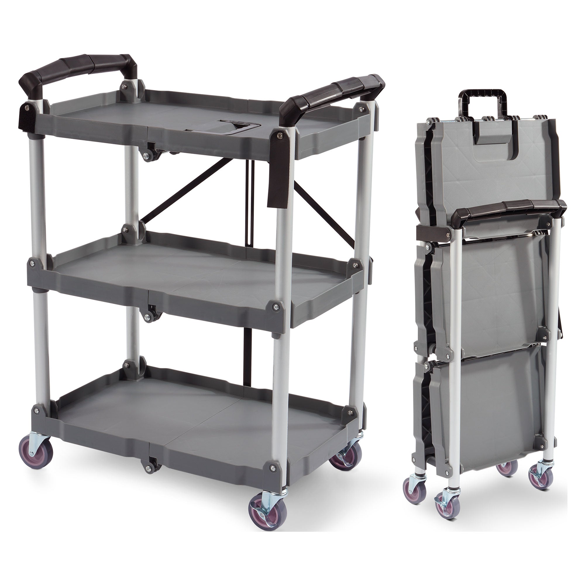 Elevon Service Cart Portable Utility 3 Tier Collapsible Shelving Unit, Gray - VMInnovations