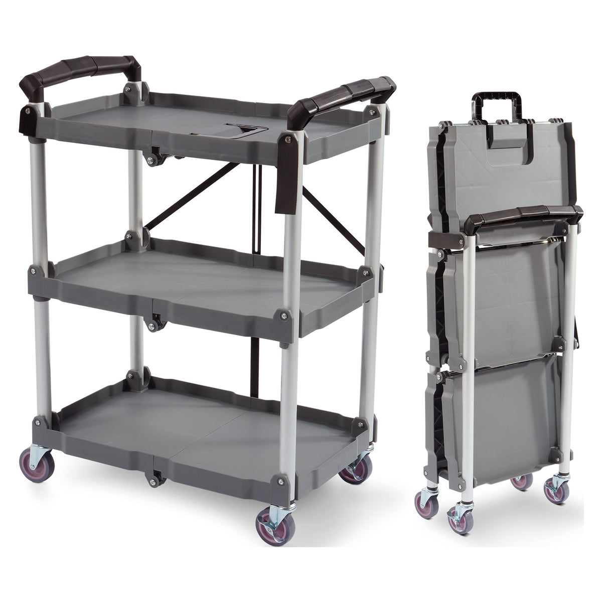 Elevon Service Cart Portable Utility 3 Tier Collapsible Shelving Unit, Gray