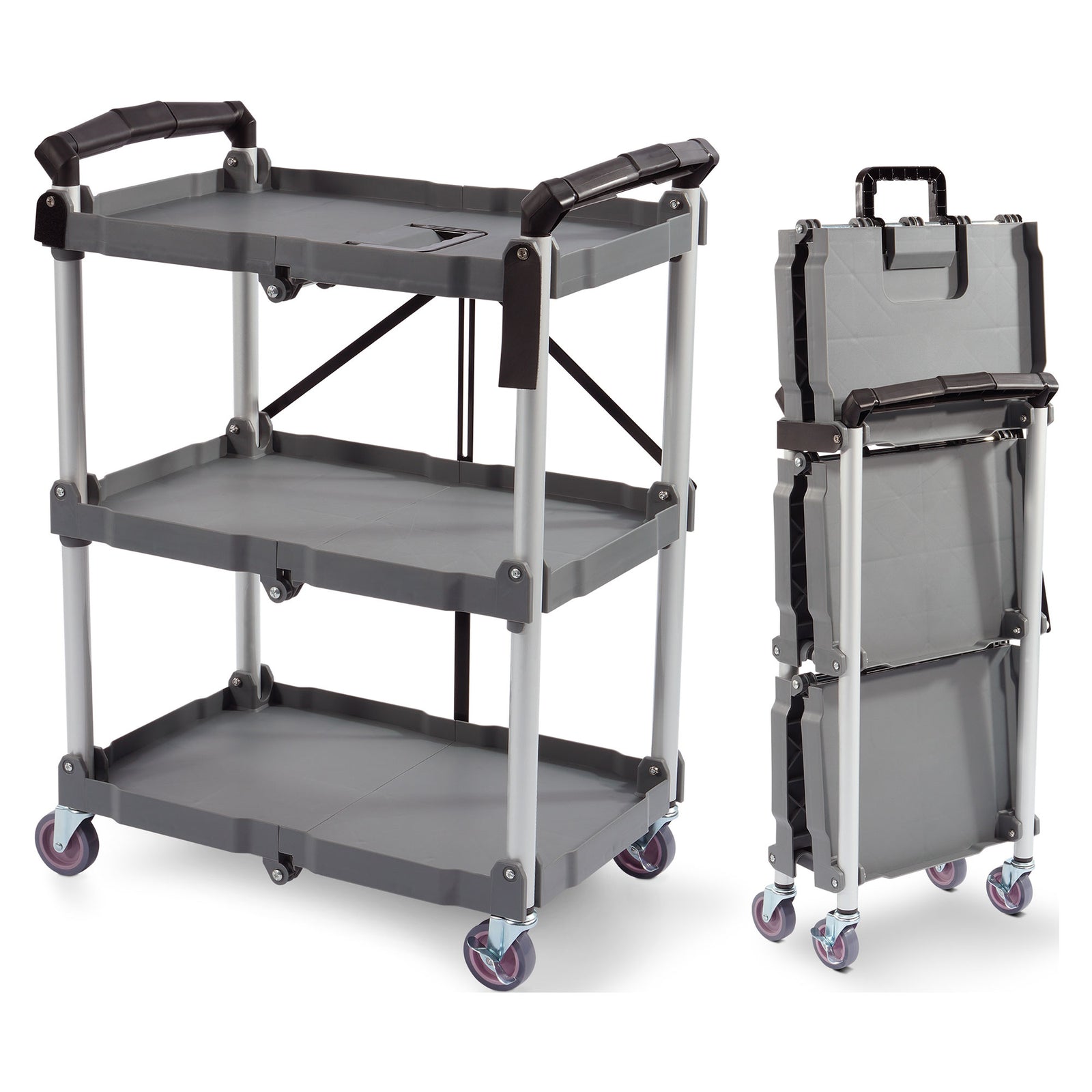 Elevon Cart Portable Utility 3 Tier Collapsible Shelving Unit, Gray (Open Box) - VMInnovations