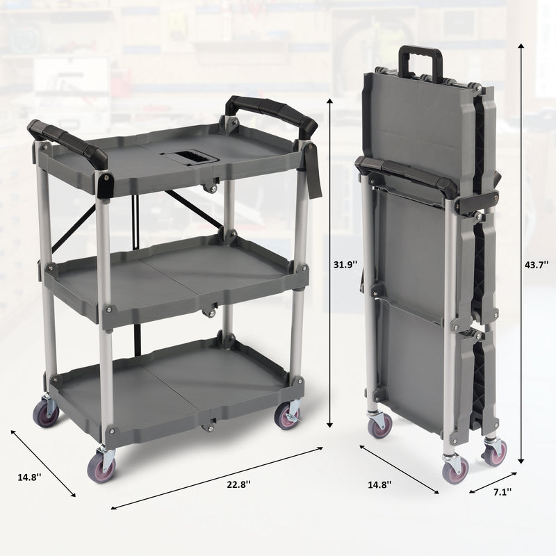 Elevon Cart Portable Utility 3 Tier Collapsible Shelving Unit, Gray (Open Box)