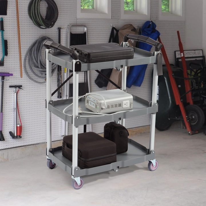 Elevon Service Cart Portable Utility 3 Tier Collapsible Shelving Unit, Gray
