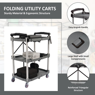 Elevon Cart Portable Utility 3 Tier Collapsible Shelving Unit, Gray (Open Box)