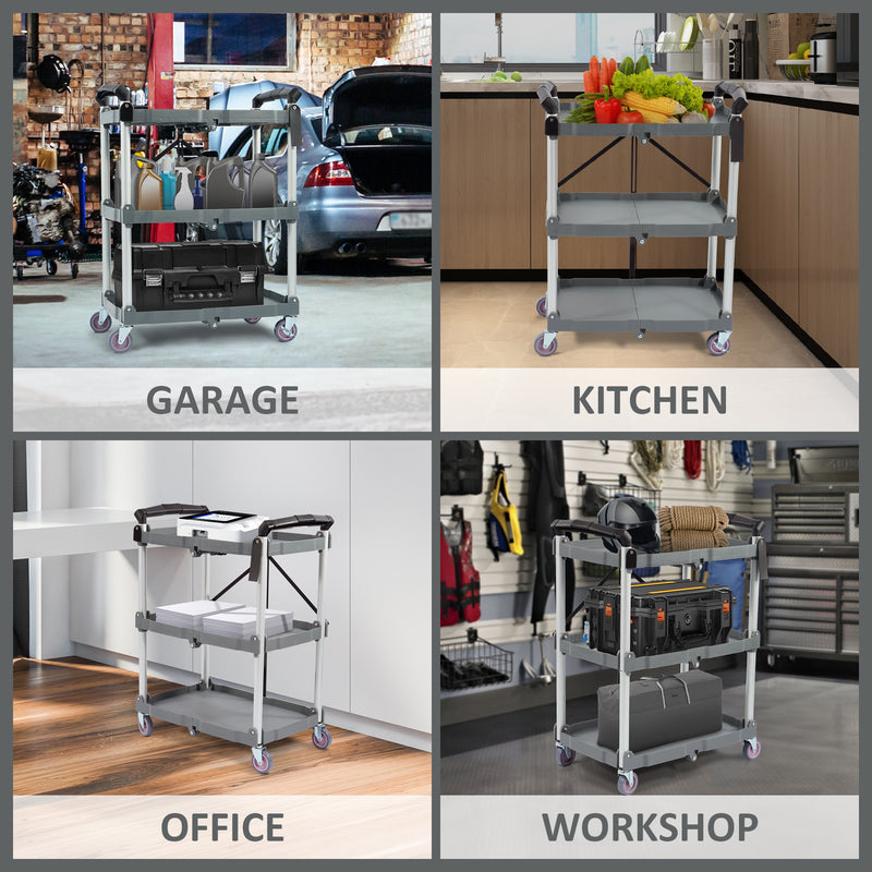 Elevon Cart Portable Utility 3 Tier Collapsible Shelving Unit, Gray (Open Box)