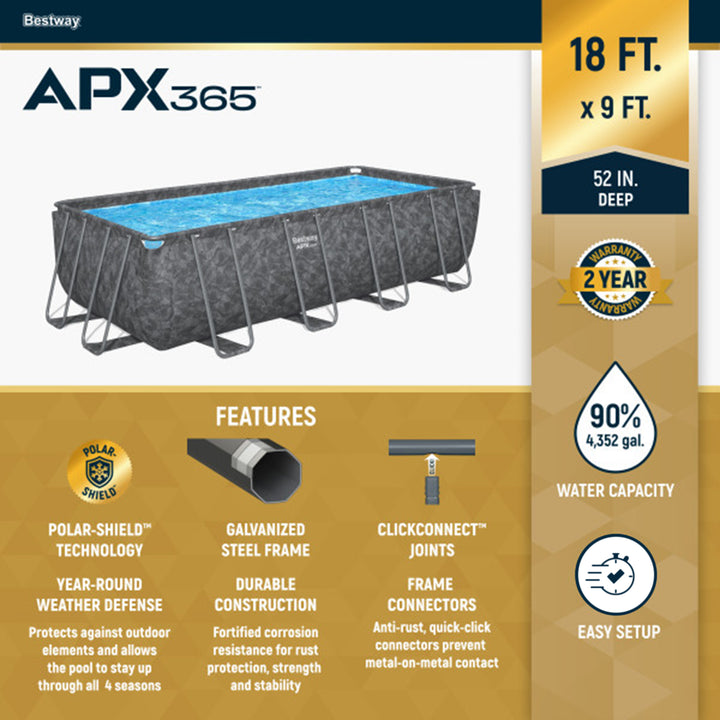 Bestway APX 365 18' x 9' x 52" Rectangular Above Ground Swimming Pool Set, Gray