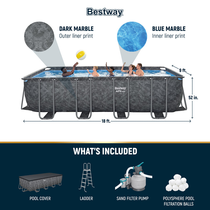 Bestway APX 365 18' x 9' x 52" Rectangular Above Ground Swimming Pool Set, Gray