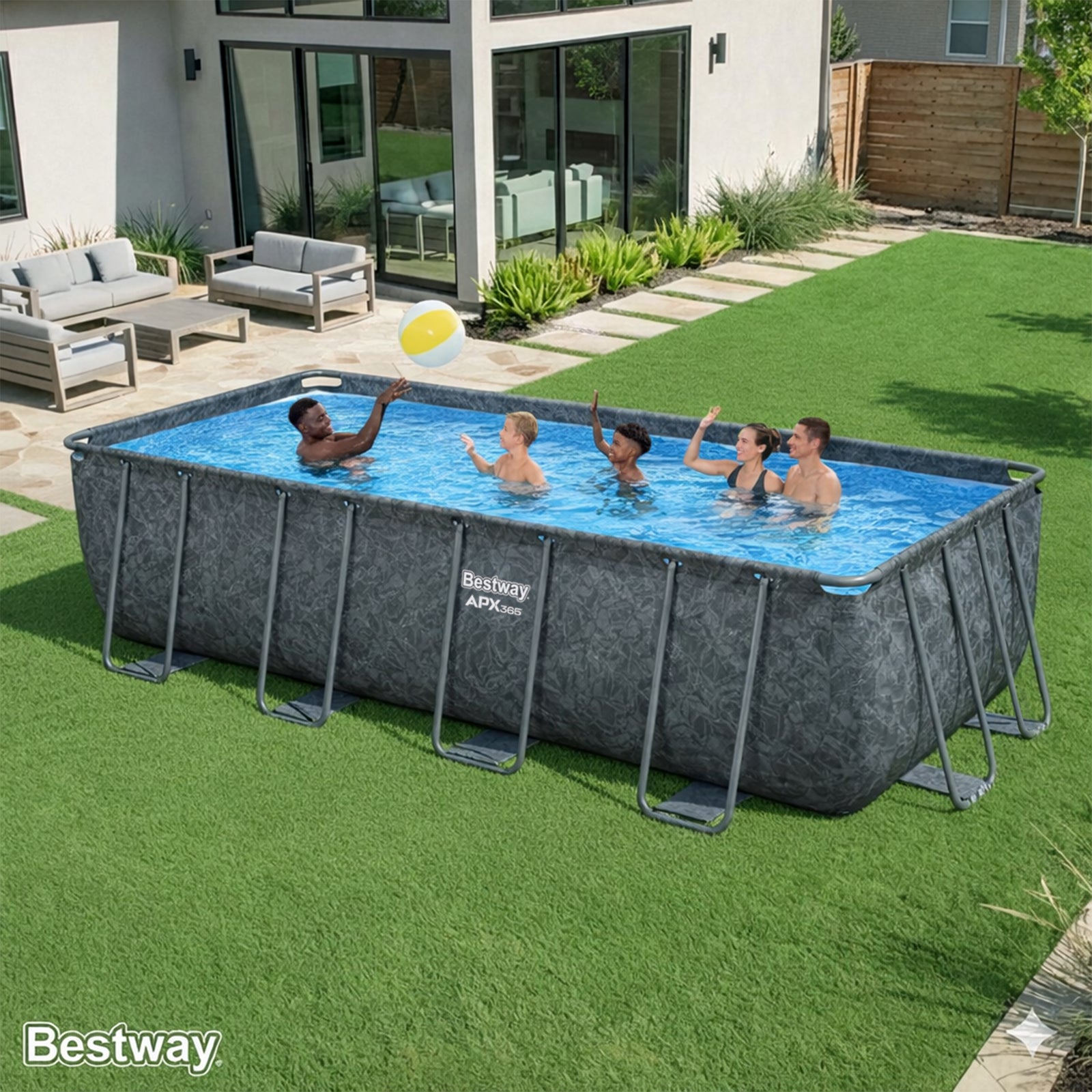 Bestway APX 365 18' x 9' x 52" Rectangular Above Ground Swimming Pool Set, Gray - VMInnovations