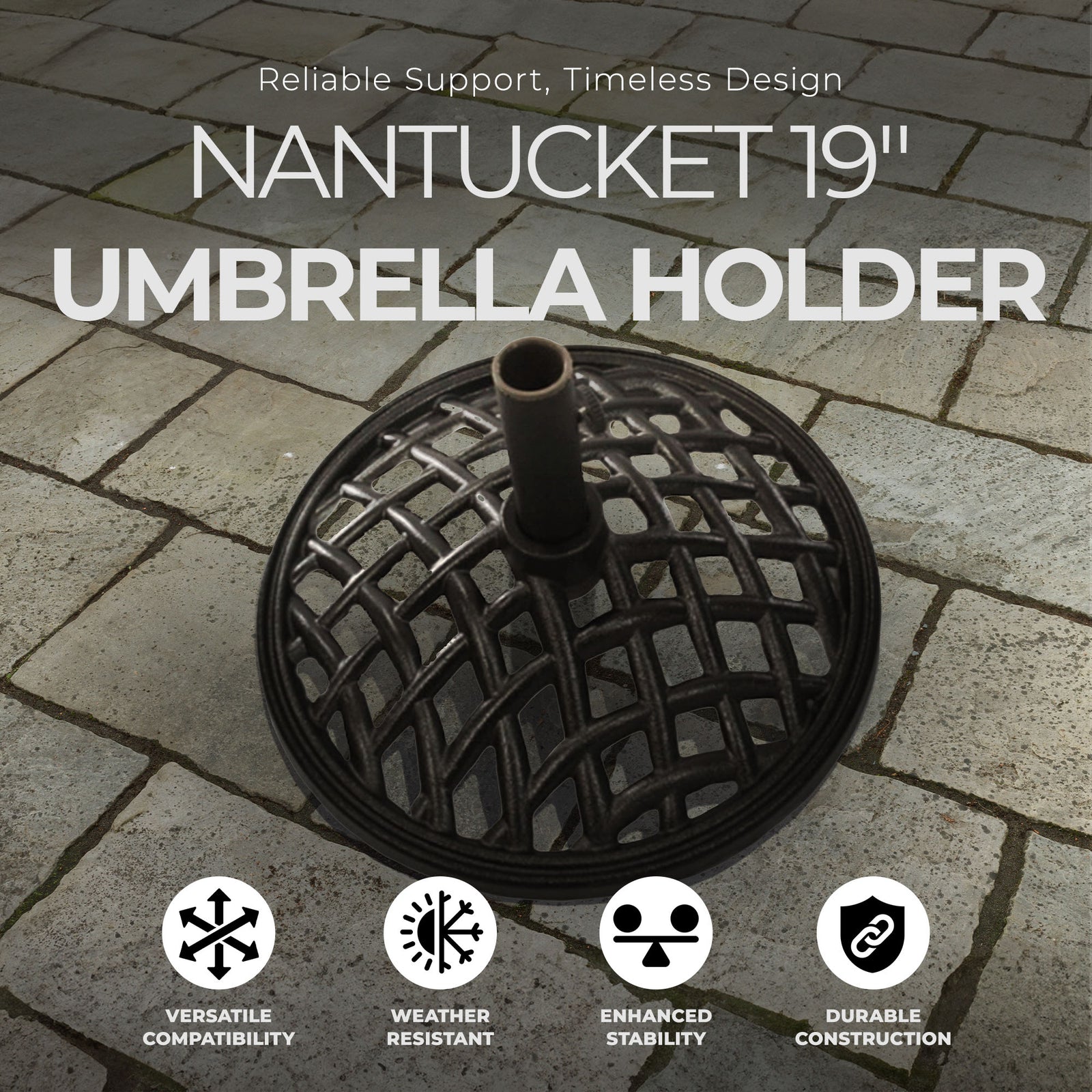 Four Seasons Courtyard Nantucket 19" All Weather Cast Iron Umbrella Base, Black - VMInnovations