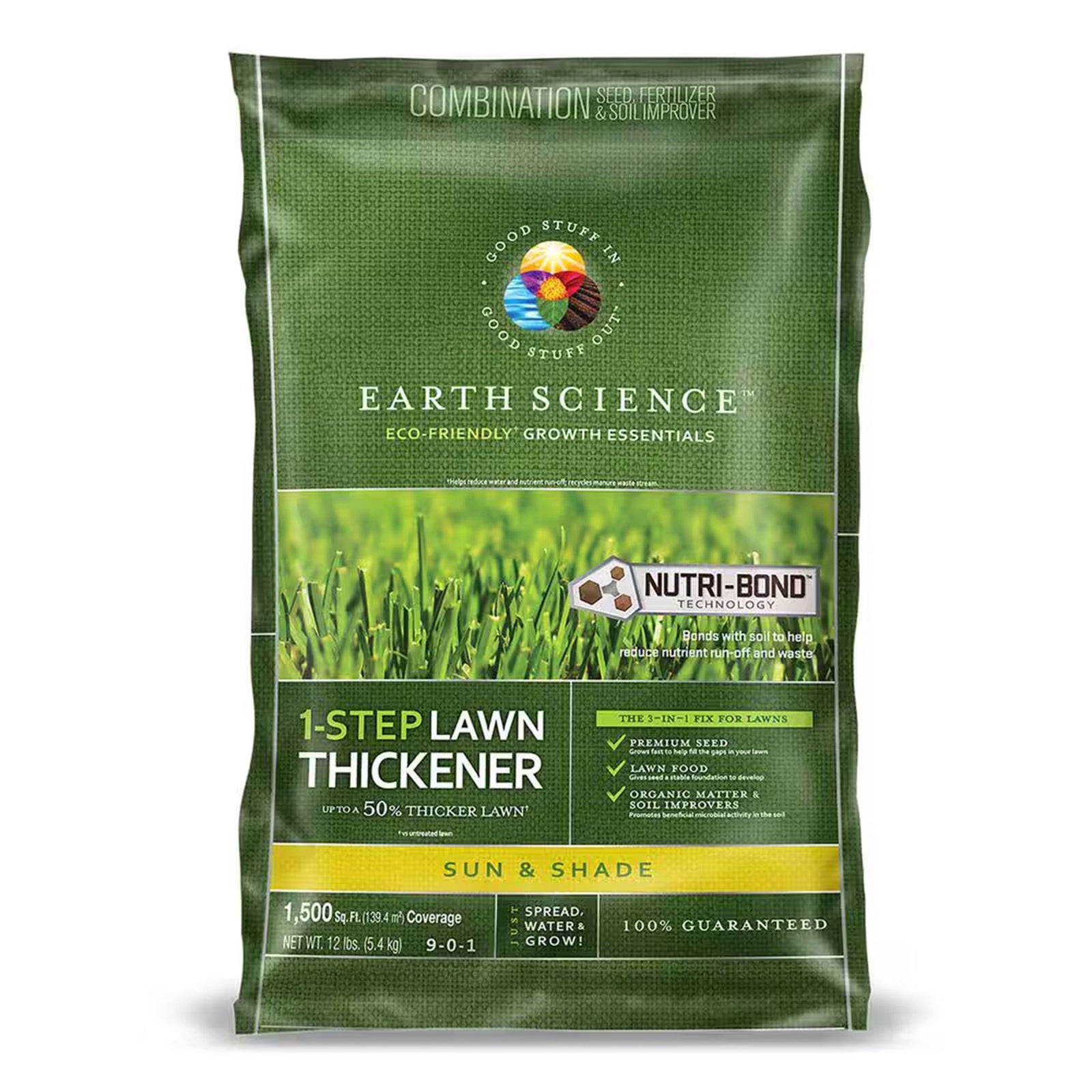 Earth Science 1 Step Sun & Shade Lawn Thickener Seed for Thin Lawns, 12 Pounds - VMInnovations