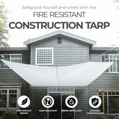TruGuard 12 Foot x 20 Foot Fire Resistant Fire Retardant Construction Tarp, White - VMInnovations