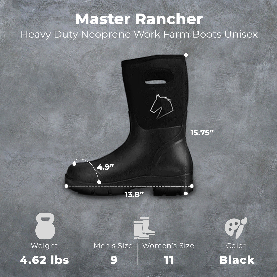 Master Rancher Heavy Duty Neoprene Work Farm Boots Unisex Men's 9 Women's 11