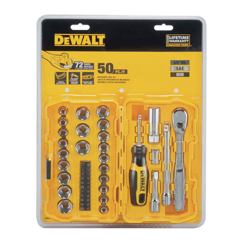 Dewalt 50 Piece 3/8 Inch Mechanics Hand Tool and Socket Set, SAE and Metric