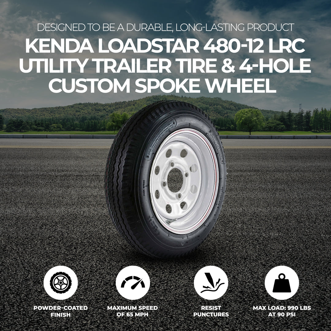 Kenda Loadstar 480-12 LRC Utility Trailer Tire and 4-Hole Custom Spoke Wheel