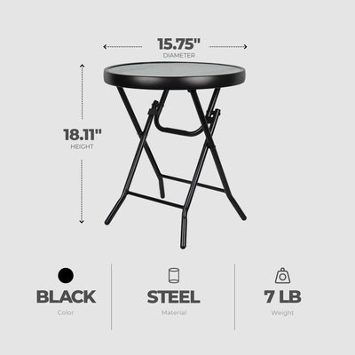 Four Seasons Courtyard Marbella 16 Inch Foldable Steel Round Side Table, Black