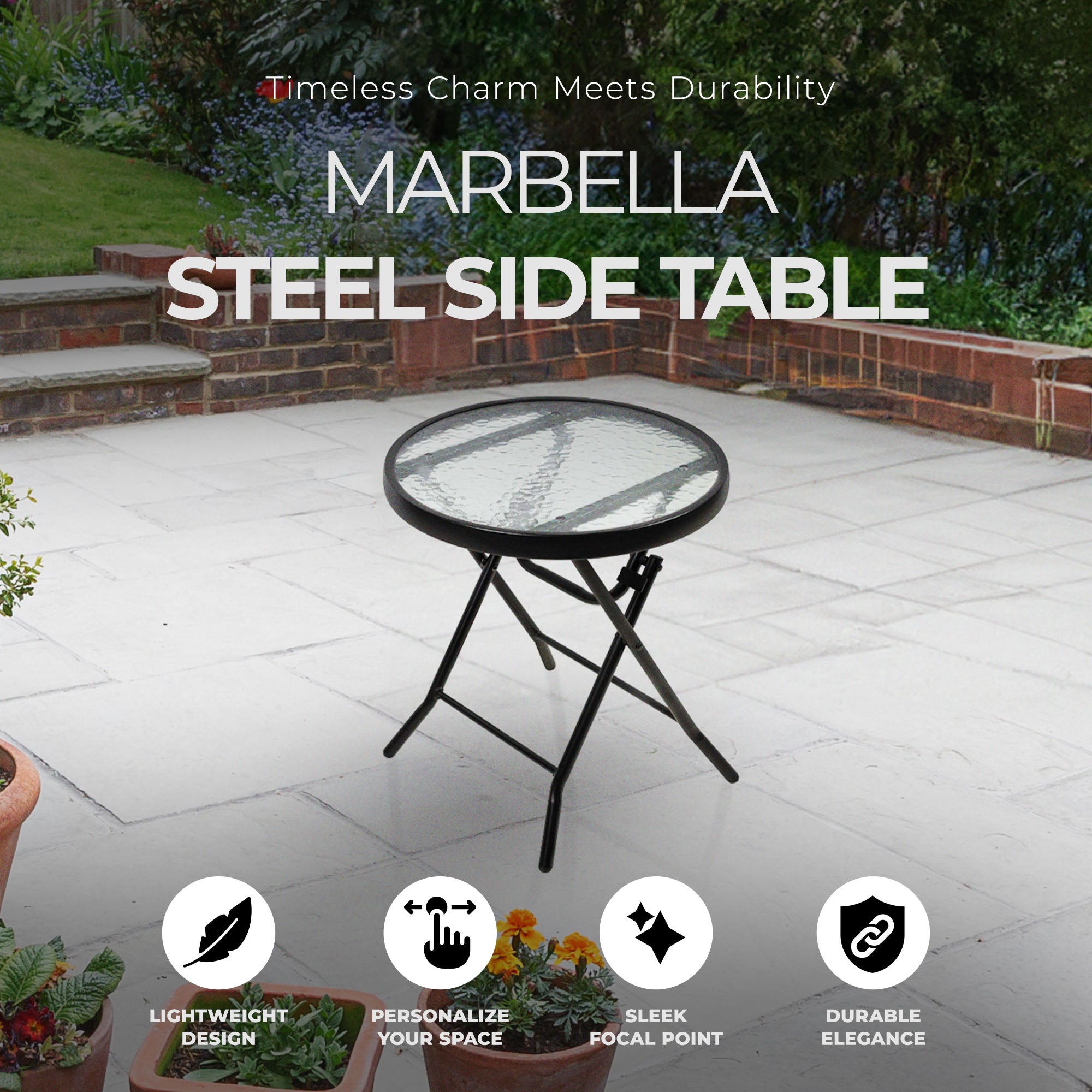 Four Seasons Courtyard Marbella 16 Inch Foldable Steel Round Side Table, Black - VMInnovations