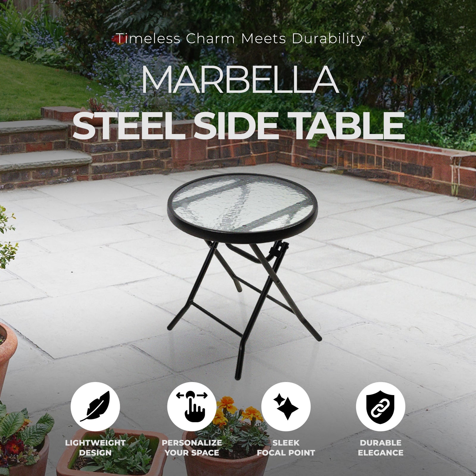 Four Seasons Courtyard Marbella 16" Foldable Steel Round Side Table, Black(Used) - VMInnovations