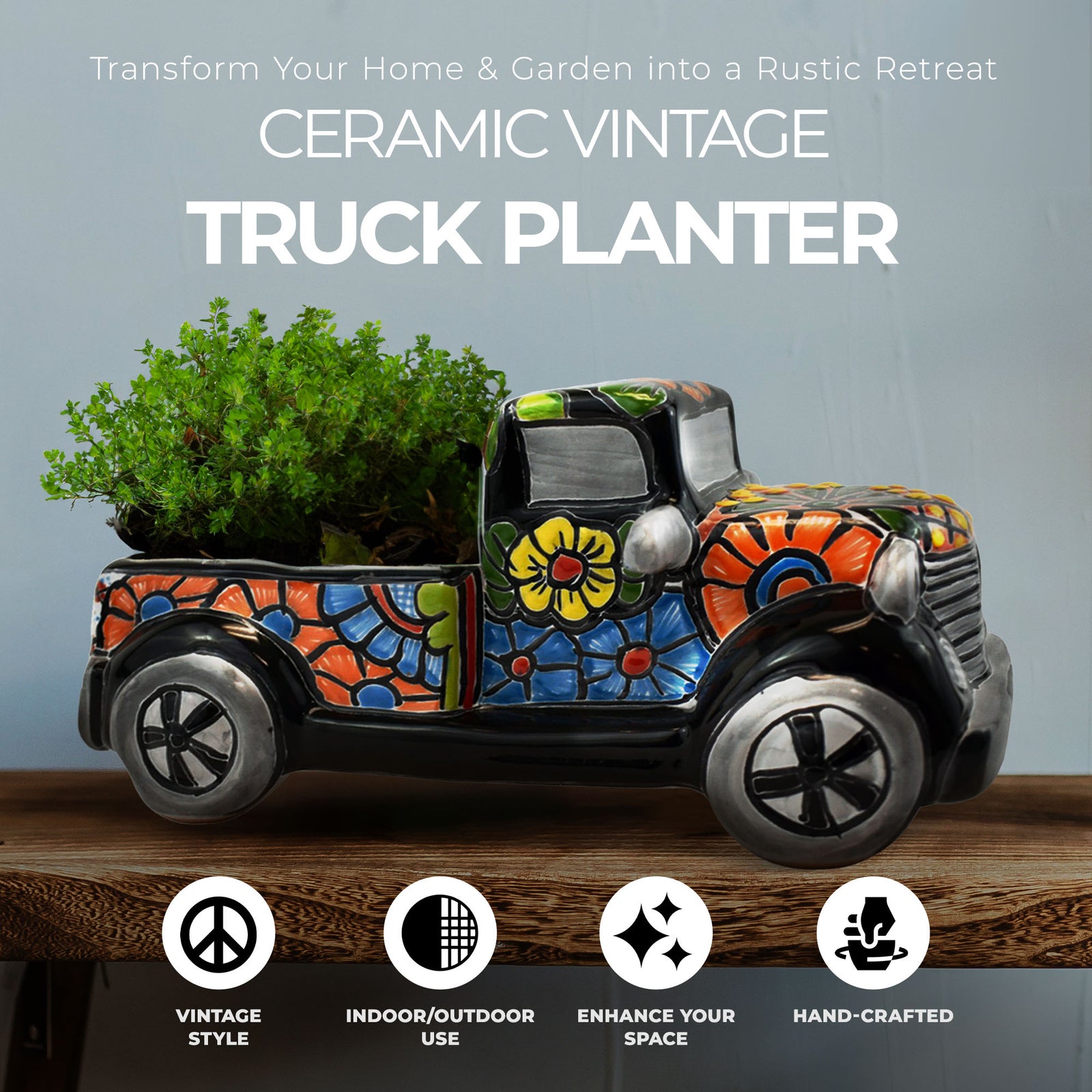 Avera Products Ceramic Vintage Truck Planter with Earthenware Clay for Plants - VMInnovations