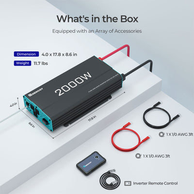 Renogy 2000W 12V Pure Sine Wave Battery Inverter with Cables and Remote, Black - VMInnovations