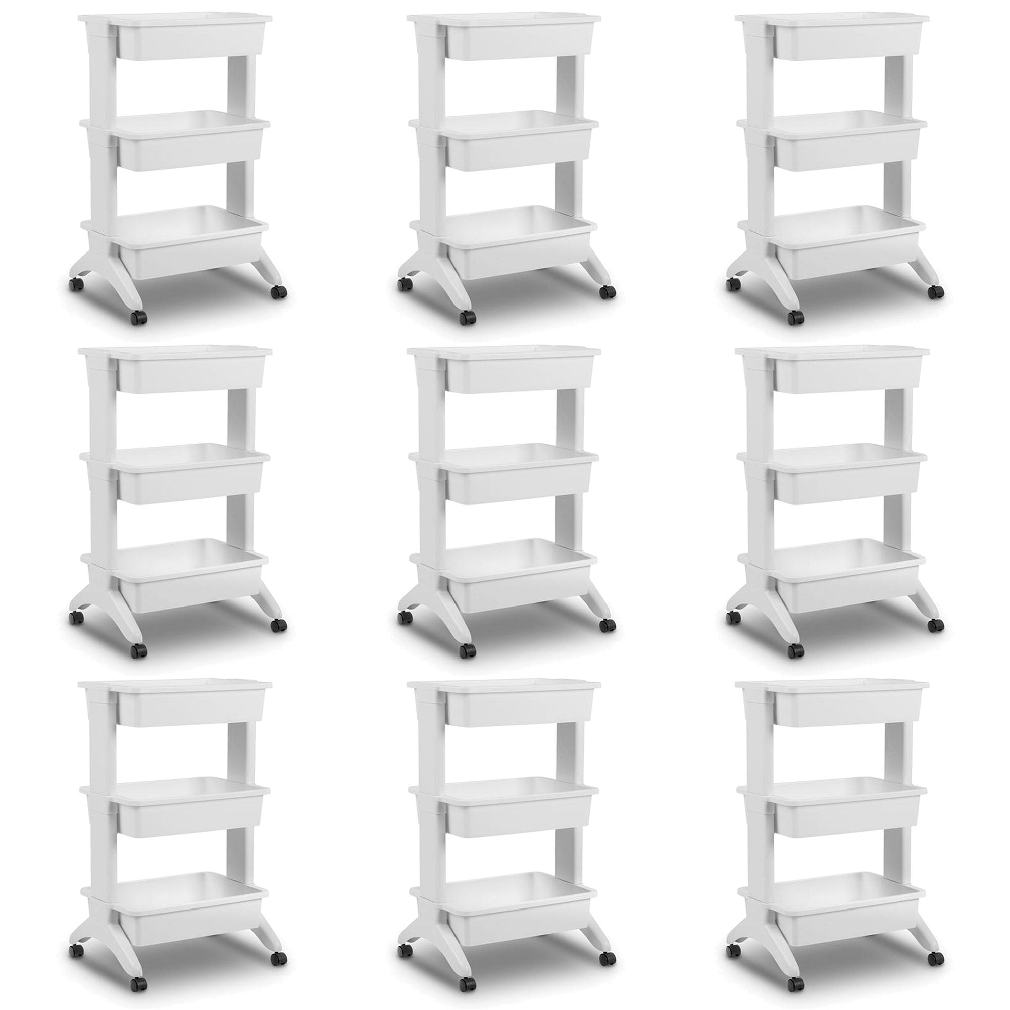 Sterilite 3 Tier Utility Rolling Organization Cart Portable Storage Bins, 9 Pack