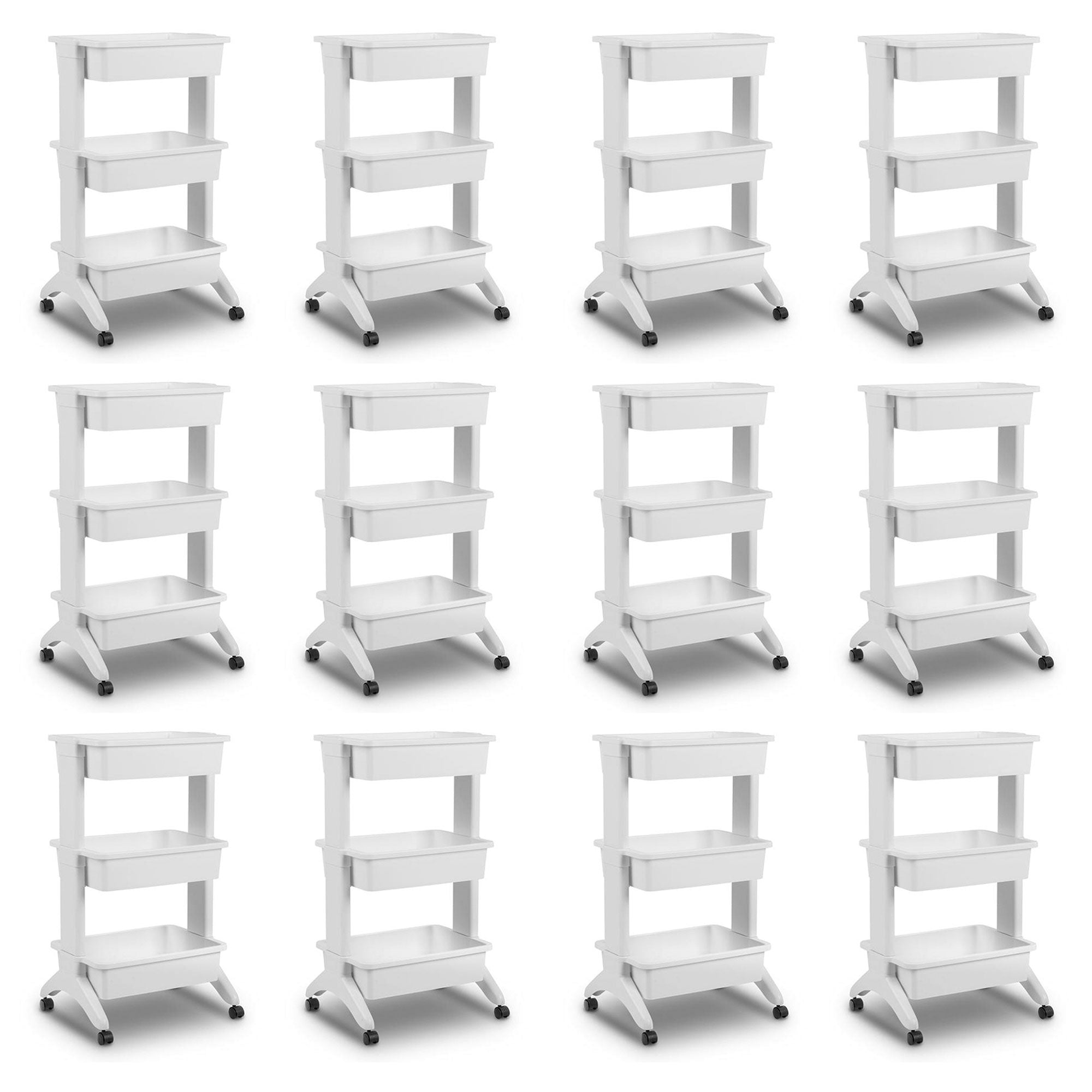 Sterilite 3 Tier Utility Rolling Organization Cart Portable Storage Bin, 12 Pack