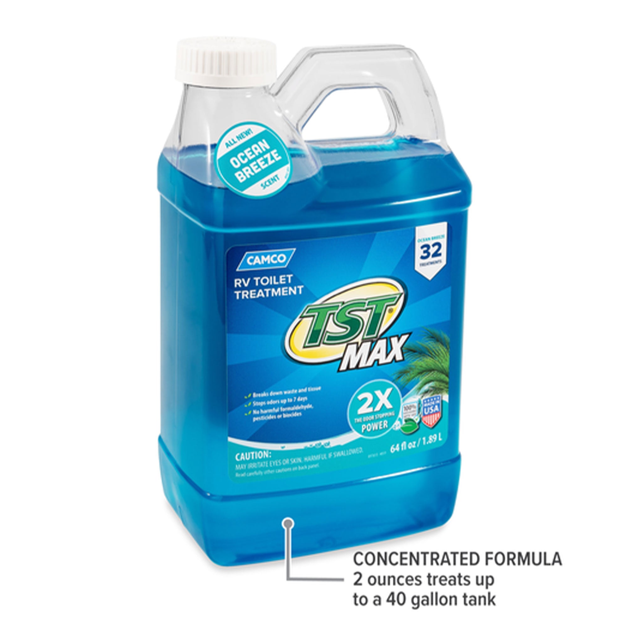 Camco TST MAX Ocean Scent 64 Oz RV Toilet Treatment to Eliminate Odors, Blue