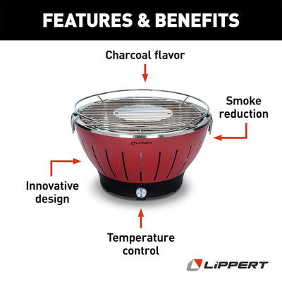 Lippert Portable Charcoal Grill w/Cooler Attachment & Carry Case, Red (Open Box)