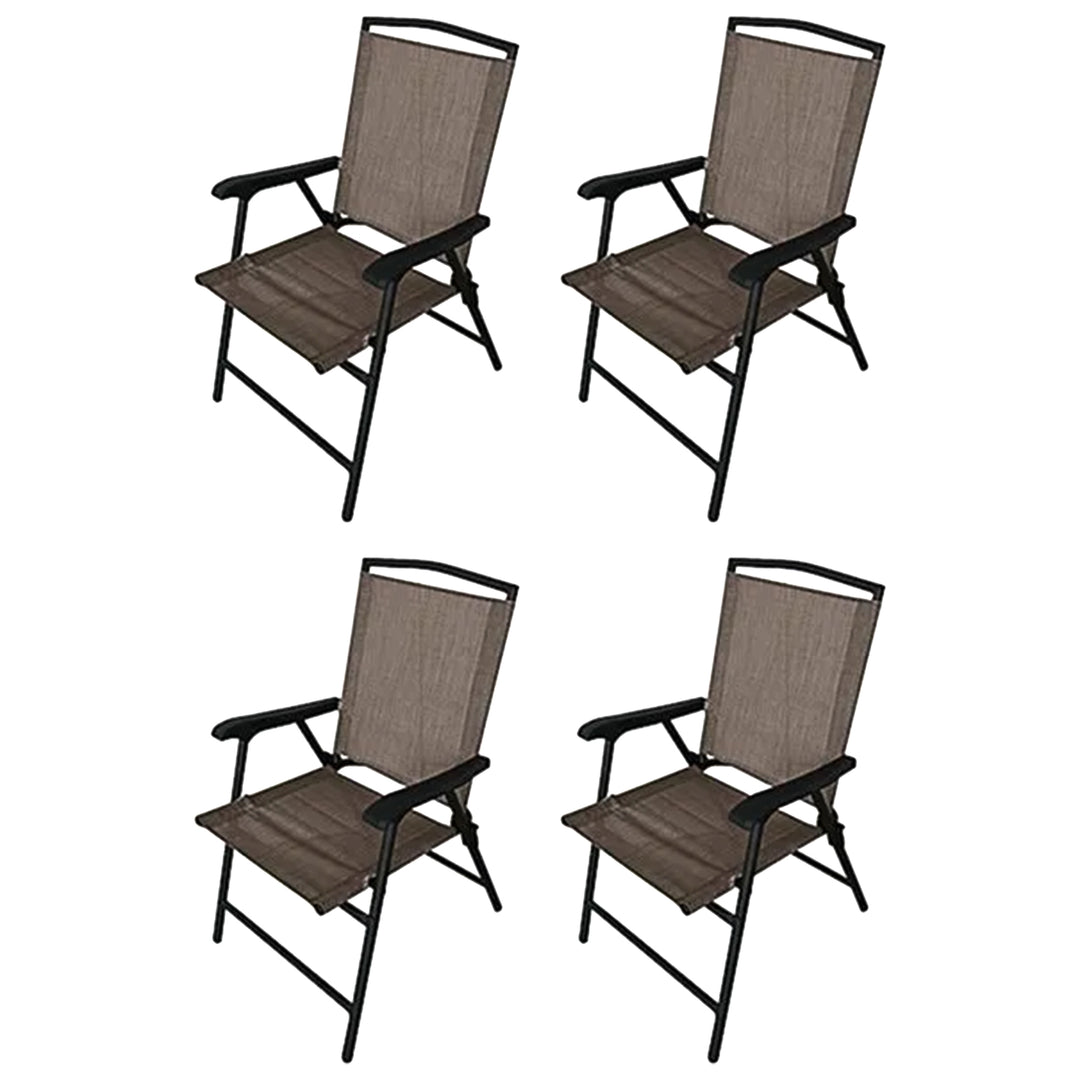 Four Seasons Courtyard Marbella Folding Outdoor Sling Arm Chairs, 4 Pack, Tan