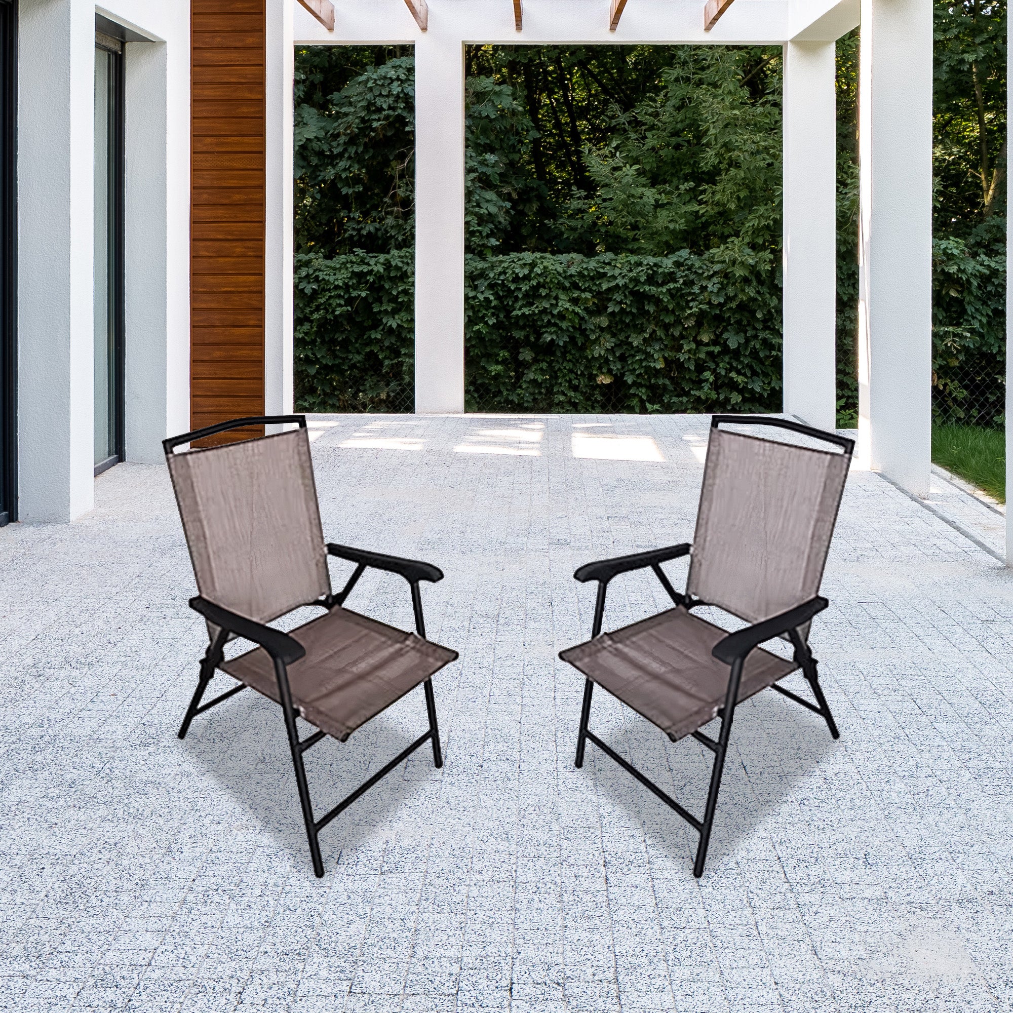Four Seasons Courtyard Marbella Folding Outdoor Sling Arm Chairs, 4 Pack, Tan - VMInnovations