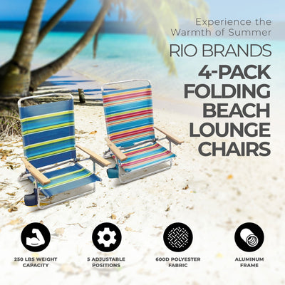 Four Seasons Courtyard 5 Position Adjustable Lounger Outdoor Beach Chair, 4 Pack - VMInnovations