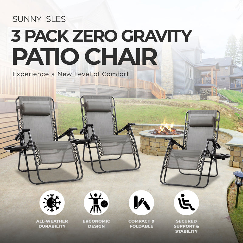 Four Seasons Courtyard Sunny Isles XL Zero Gravity Outdoor Chairs, 3 Pack, Gray